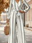 Women Striped V Neck Long Sleeve Elegant Spring/Fall Jumpsuit