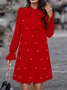 Women Plain Spring/Fall Beaded Dress Lotus Leaf Collar Long Sleeve Fit & Flare Dress A-Line Dress