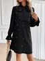 Women Plain Spring/Fall Beaded Dress Lotus Leaf Collar Long Sleeve Fit & Flare Dress A-Line Dress