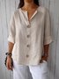 Crew Neck Long Sleeve Plain Buttoned Regular Loose Shirt For Women