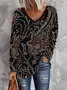 Casual Floral V Neck Long Sleeve T-shirt