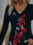 Casual Floral V Neck Long Sleeve T-shirt