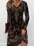 Women Floral Summer Printing Dress V Neck Long Sleeve Tunic A-Line Dress