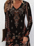 Women Floral Summer Printing Dress V Neck Long Sleeve Tunic A-Line Dress