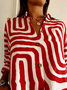 Shawl Collar Long Sleeve Striped Regular Loose Shirt For Women