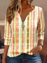 Vintage Striped V Neck Long Sleeve T-shirt