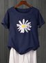Blue Floral-Print Casual Cotton T-shirt