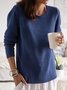 Blue Knitted Cotton Simple Round Neck Sweater