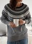 Gray Knitted Cotton Long Sleeve Round Neck Sweater