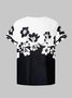 Women's Floral Printed Round Neck White&Black Short Sleeve Casual T-shirts