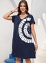 Navy Blue Tie-dye Holiday Daily Printed V neck A-Line Casual Short Sleeve Knitting Dress