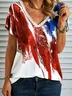 Flag Star Striped Printed Casual Loosen V NeckShort Sleeve T-Shirt