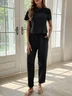 Casual Plain Short Sleeve Buckle Asymmetrical Collar Lace-up Top With Pockets Pants Two-Piece Set