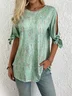 Crew Neck Floral Printed Knot Cuff Blouse