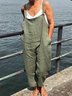 Casual Solid Sleeveless Pockets Cotton Jumpsuits