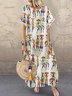 White Round Neck Casual Swing Patchwork Cotton-Blend Maxi Weaving Dress