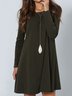 Black Long Sleeve Cotton-Blend Crew Neck Solid Knitting Dress