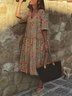 Vintage Women Short Sleeve V Neck Floral Printed Casual Weaving Dress