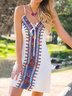 Vintage Sleeveless Boho Floral Geometric V Neck Plus Size Casual Weaving Dress