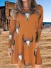 Boho Plus Size Long Sleeve Cow Printed Casual Knitting Dress