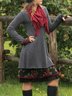 Gray Crew Neck Solid Cotton-Blend Long Sleeve Knitting Dress