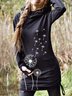 Black Vintage Printed Drawstring Hoodie Long Sleeve Knitting Dress