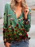New Women Fashion Plus Size Holiday Vintage Floral Long Sleeve Casual V Neck Tops