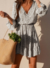 V Neck A-line Long Sleeve Floral Summer Weaving Dress