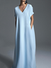 Solid V Neck Cotton-Blend Casual Short Sleeve Weaving Dress