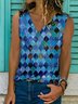 Paisley  Sleeveless  Printed  Cotton-blend  V neck Holiday Summer  Blue Top