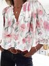 Loose V Neck Vacation Printed Blouses