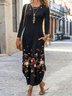 Black Floral Printed Pockets Round Neck Long Sleeve Date Casual Knitting Dress
