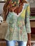 Vintage Map Printed Lace Long Sleeve V Neck Plus Size Casual Tops