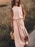 Women's Round Neck Solid Cotton-Blend Boho Pink Maxi Dresses