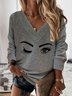 Vintage Statement Eyes Printed V Neck Long Sleeve Plus Size Casual Sweatshirts