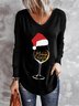 Christmas Xmas Wine Hats Long Sleeve V Neck Plus Size Printed Tops T-shirts