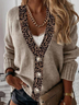 Plus size Leopard V Neck Casual Knitted Sweater coat
