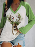 Christmas Printed V Neck Printed Color Block Casual Tunic Top