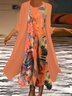 3/4 Sleeves Art Printing Crew Neck Plus Size Casual Two Piece Dress With Coat