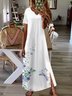 Vacation Floral Dragonfly Printed Casual Loosen V Neck Buttoned Maxi Short Sleeve Knit Dress