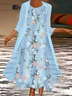 Floral Printed Round Neck Long Casual Sky Blue Dresses-Two Piece Sets