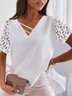 Casual Loosen Solid V Neck Lace Patchwork Sexy Short Sleeve Tops