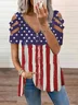 Women's Vacation Daily American Festivals Stars Flag Zipper V Neck Off Shoulder Casual Loose T-Shirt
