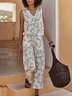 Women's Vacation Casual Leaf Printed Sleeveless V Neck Jumpsuits