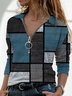 Women's Loose Blouse Geometric Patchwork Long Sleeve Shawl Neck Blouse Fall Spring 2022 
