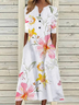 Plus Size Floral Casual V Neck Half Sleeve Buttoned Pockets A-line Dress