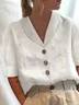 Shawl Collar Short Sleeve Contrast Stitching Buttoned Regular Loose TUNIC Blouse For Women