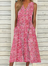 Women V Neck Floral Loose Vacation Button Midi Dress