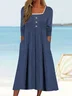 Women Plain Square Neck Long Sleeve Comfy Elegant Buttoned Midi Dress