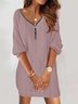 Women Plain V Neck Long Sleeve Comfy Casual Zipper Short Dress